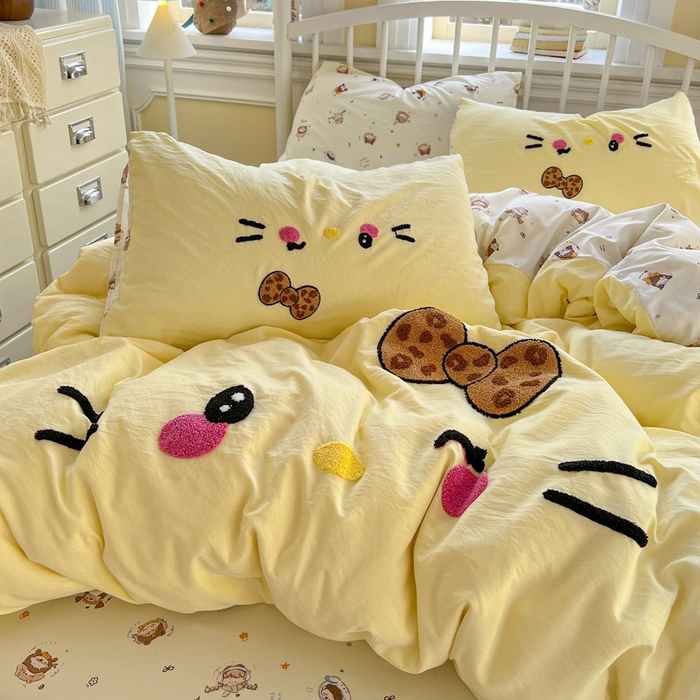 91家纺网 家纺一手货源 找家纺 颜选 2026春夏新款卡通款水洗棉毛巾绣四件套-凯蒂猫 凯蒂猫-芝士黄