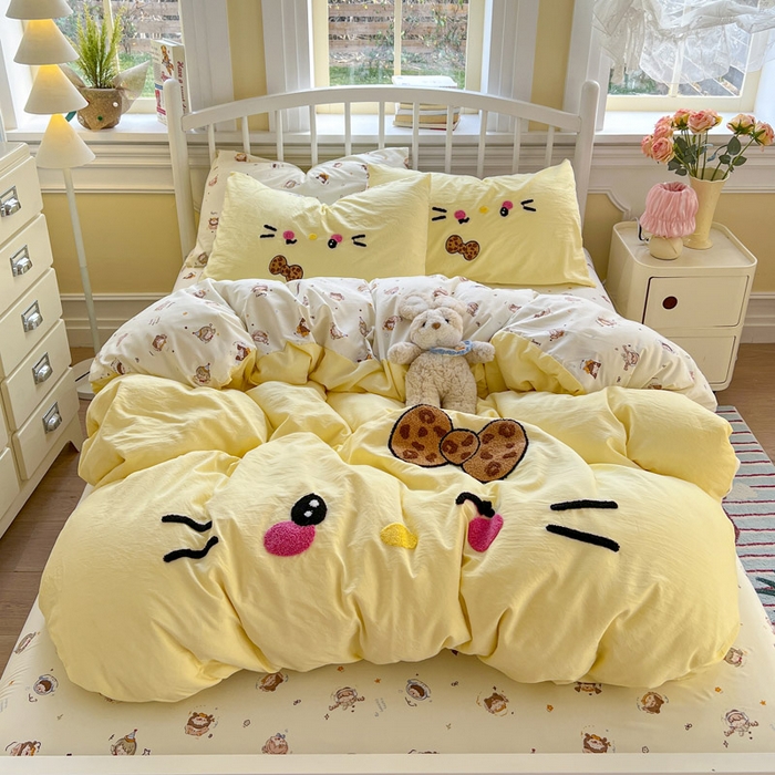 91家纺网 家纺一手货源 找家纺 颜选 2026春夏新款卡通款水洗棉毛巾绣四件套-凯蒂猫 凯蒂猫-芝士黄