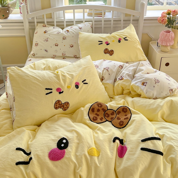 91家纺网 家纺一手货源 找家纺 颜选 2026春夏新款卡通款水洗棉毛巾绣四件套-凯蒂猫 凯蒂猫-芝士黄