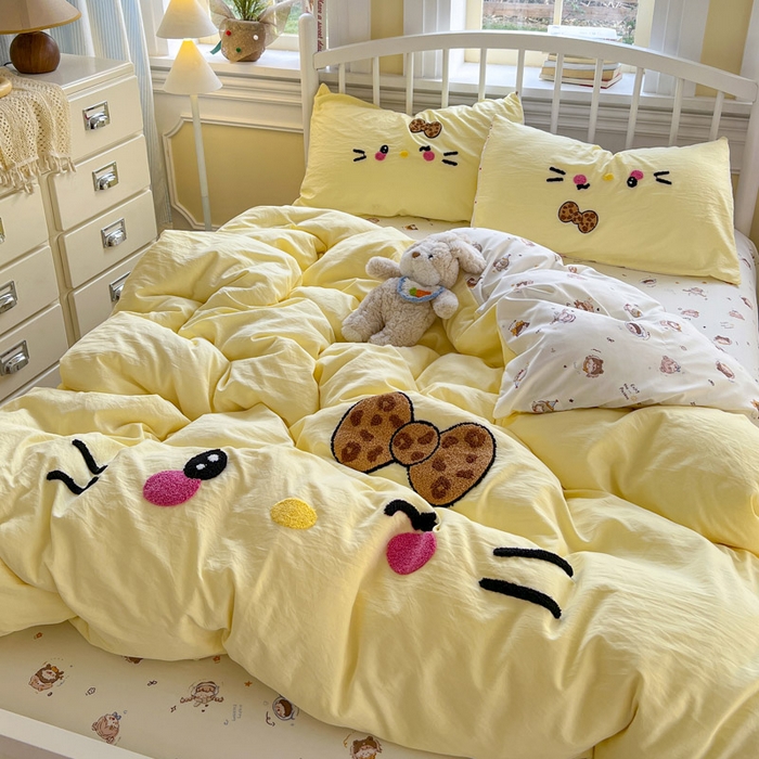 91家纺网 家纺一手货源 找家纺 颜选 2026春夏新款卡通款水洗棉毛巾绣四件套-凯蒂猫 凯蒂猫-芝士黄