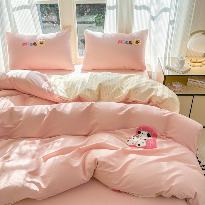 91家纺网 家纺一手货源 找家纺 布柔 2026新款纯棉全棉纯棉床笠纯色绣花卡通床笠床垫保护套罩 奶油粉