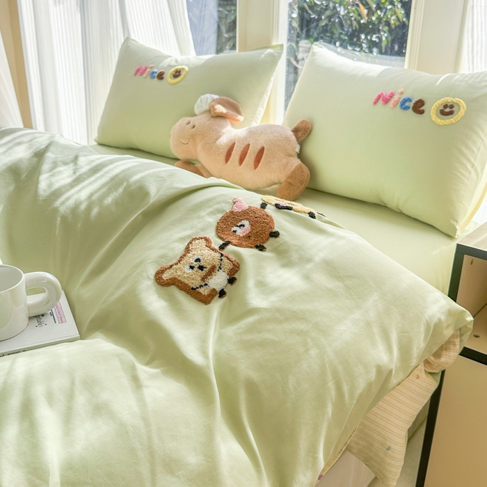 91家纺网 家纺一手货源 找家纺 布柔 2026新款纯棉全棉纯棉床笠纯色绣花卡通床笠床垫保护套罩 奶油绿