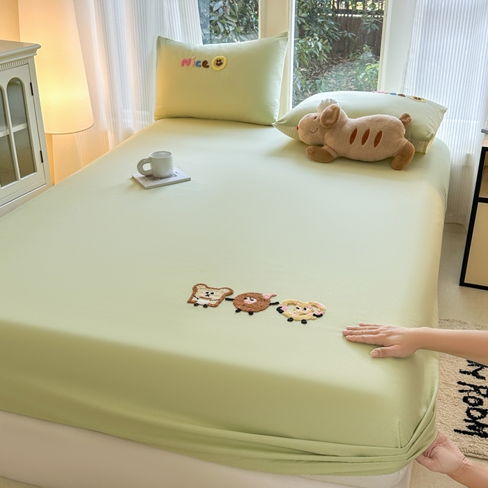 91家纺网 家纺一手货源 找家纺 布柔 2026新款纯棉全棉纯棉床笠纯色绣花卡通床笠床垫保护套罩 奶油绿