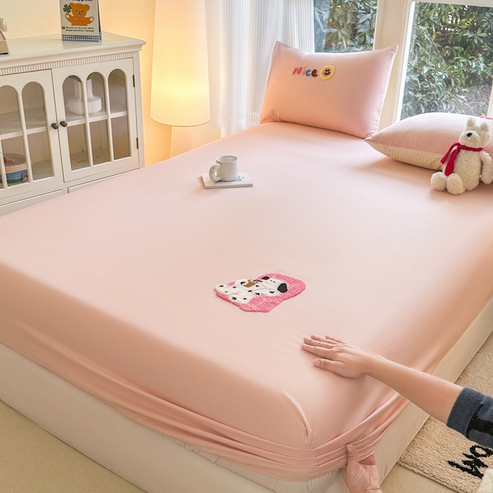 布柔 2026新款纯棉全棉纯棉床笠纯色绣花卡通床笠床垫保护套罩 奶油粉