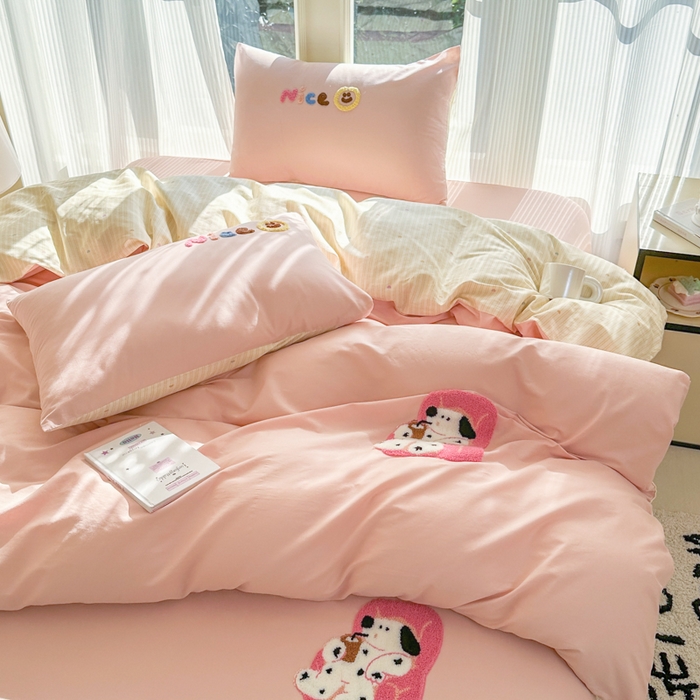 91家纺网 家纺一手货源 找家纺 布柔 2026新款纯棉全棉纯棉床笠纯色绣花卡通床笠床垫保护套罩 奶油粉