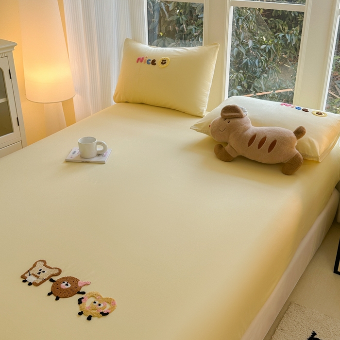 91家纺网 家纺一手货源 找家纺 布柔 2026新款纯棉全棉纯棉床笠纯色绣花卡通床笠床垫保护套罩 奶油黄