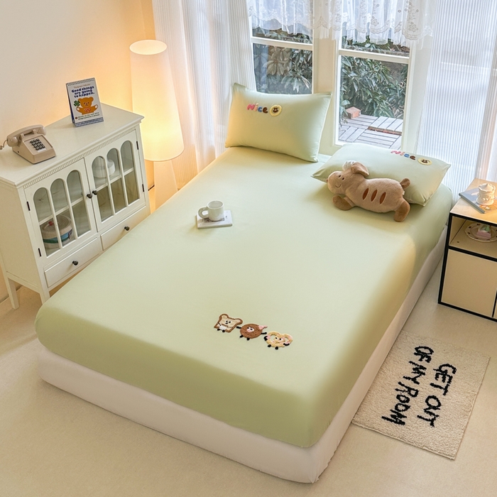 91家纺网 家纺一手货源 找家纺 布柔 2026新款纯棉全棉纯棉床笠纯色绣花卡通床笠床垫保护套罩 奶油绿