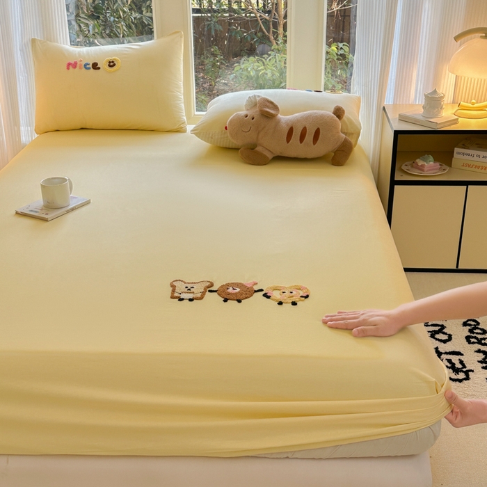 91家纺网 家纺一手货源 找家纺 布柔 2026新款纯棉全棉纯棉床笠纯色绣花卡通床笠床垫保护套罩 奶油黄