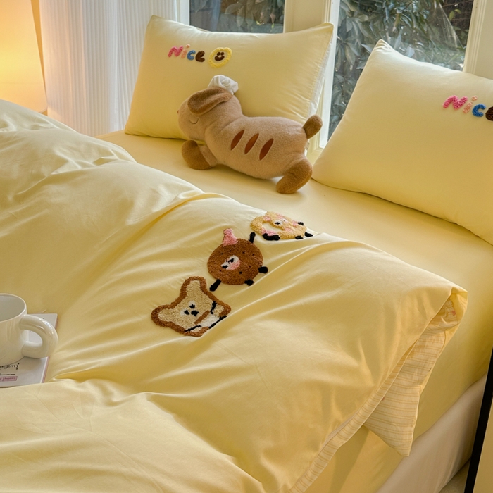 91家纺网 家纺一手货源 找家纺 布柔 2026新款纯棉全棉纯棉床笠纯色绣花卡通床笠床垫保护套罩 奶油黄