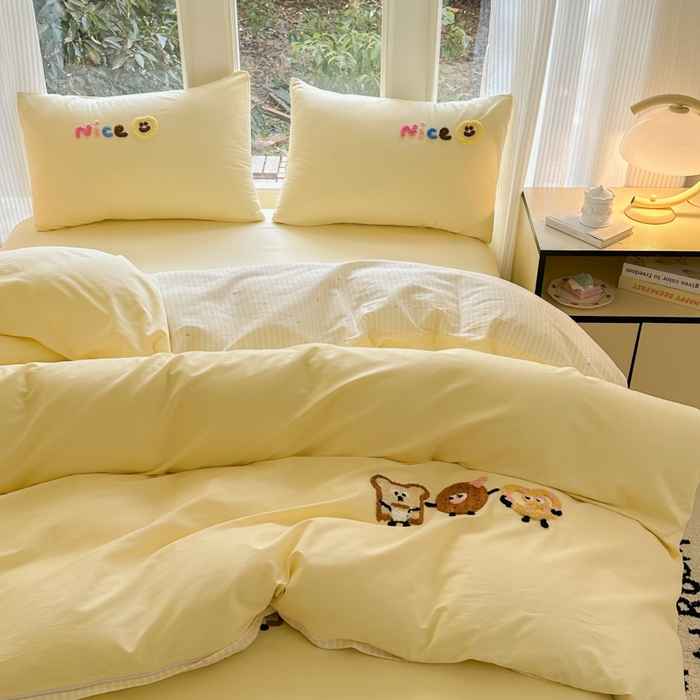 91家纺网 家纺一手货源 找家纺 布柔 2026新款纯棉全棉纯棉床笠纯色绣花卡通床笠床垫保护套罩 奶油黄