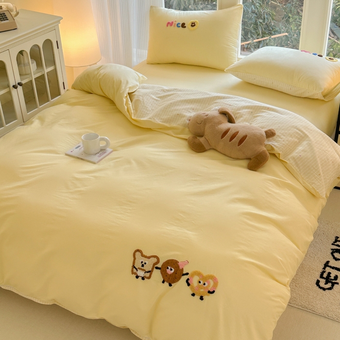 91家纺网 家纺一手货源 找家纺 布柔 2026新款纯棉全棉纯棉床笠纯色绣花卡通床笠床垫保护套罩 奶油黄