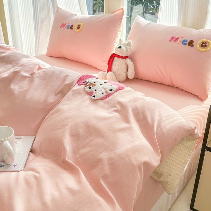 91家纺网 家纺一手货源 找家纺 布柔 2026新款纯棉全棉纯棉床笠纯色绣花卡通床笠床垫保护套罩 奶油粉