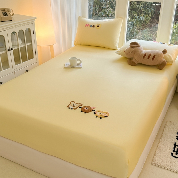 91家纺网 家纺一手货源 找家纺 布柔 2026新款纯棉全棉纯棉床笠纯色绣花卡通床笠床垫保护套罩 奶油黄