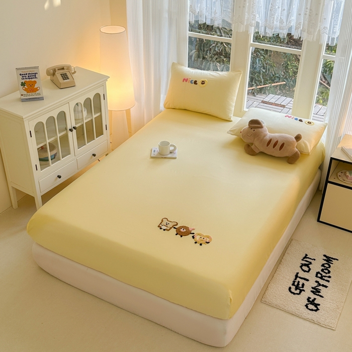 91家纺网 家纺一手货源 找家纺 布柔 2026新款纯棉全棉纯棉床笠纯色绣花卡通床笠床垫保护套罩 奶油黄