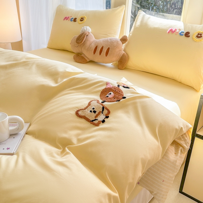 91家纺网 家纺一手货源 找家纺 布柔 2026新款纯棉全棉纯棉床笠纯色绣花卡通床笠床垫保护套罩 奶油黄