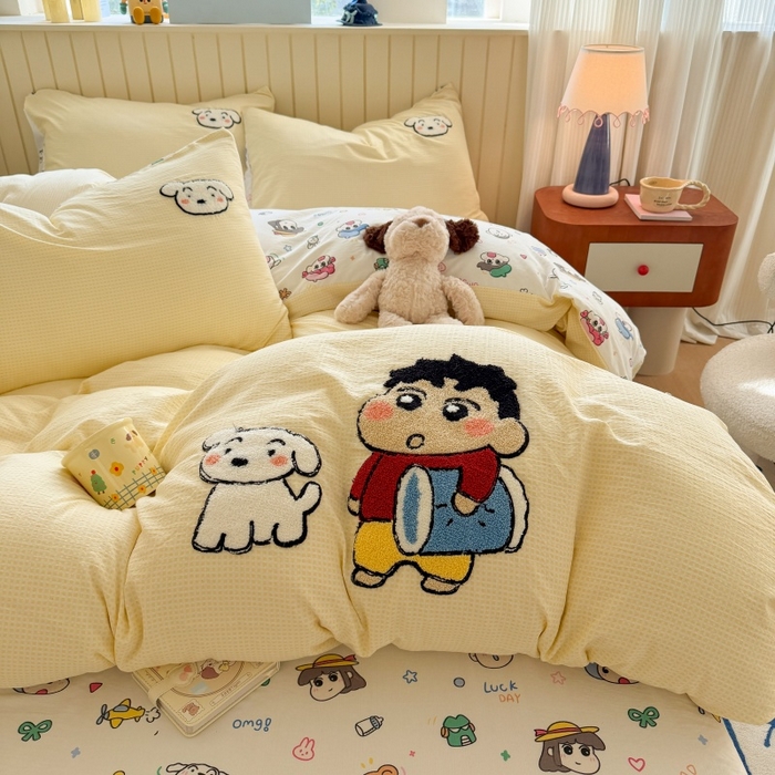 91家纺网 家纺一手货源 找家纺 艾特你 2026新款针织提花双层纱可爱毛巾绣四件套 欢乐伙伴-黄