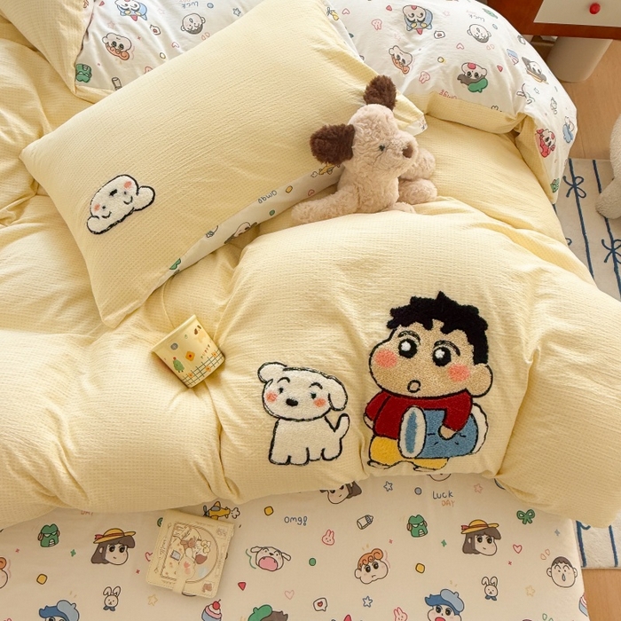 91家纺网 家纺一手货源 找家纺 艾特你 2026新款针织提花双层纱可爱毛巾绣四件套 欢乐伙伴-黄