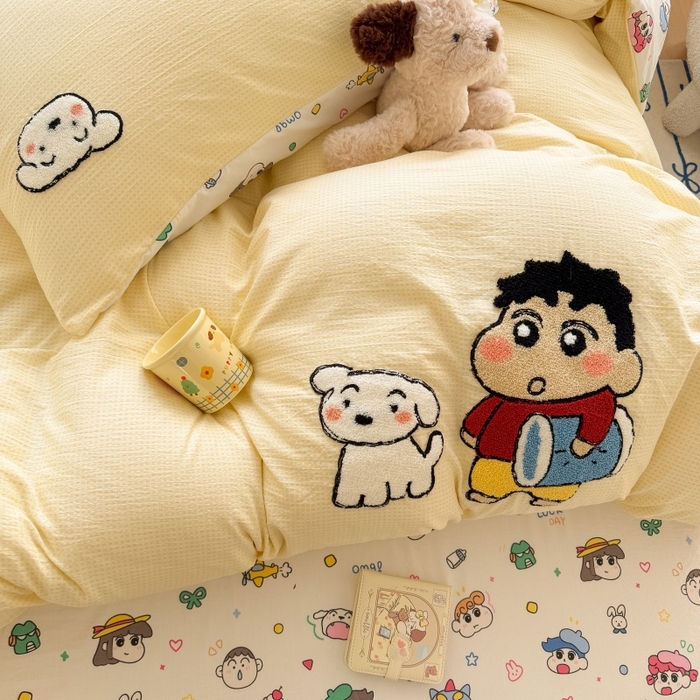 91家纺网 家纺一手货源 找家纺 艾特你 2026新款针织提花双层纱可爱毛巾绣四件套 欢乐伙伴-黄