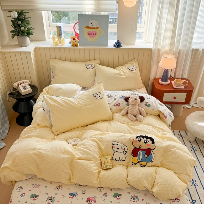 91家纺网 家纺一手货源 找家纺 艾特你 2026新款针织提花双层纱可爱毛巾绣四件套 欢乐伙伴-黄