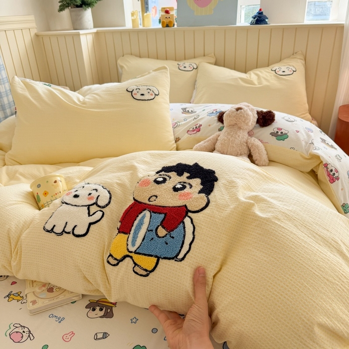 91家纺网 家纺一手货源 找家纺 艾特你 2026新款针织提花双层纱可爱毛巾绣四件套 欢乐伙伴-黄