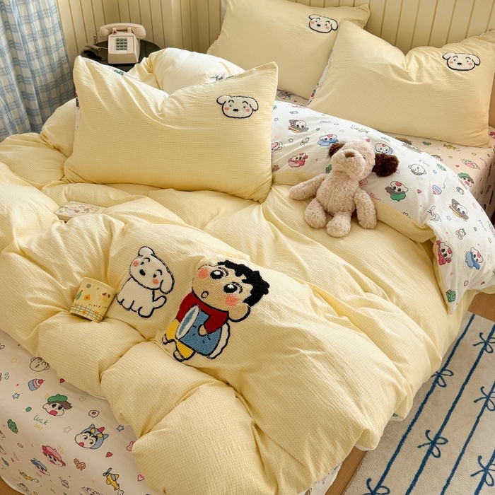 91家纺网 家纺一手货源 找家纺 艾特你 2026新款针织提花双层纱可爱毛巾绣四件套 欢乐伙伴-黄