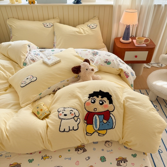 91家纺网 家纺一手货源 找家纺 艾特你 2026新款针织提花双层纱可爱毛巾绣四件套 欢乐伙伴-黄