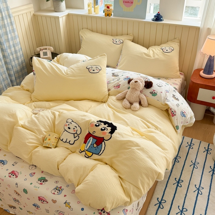 91家纺网 家纺一手货源 找家纺 艾特你 2026新款针织提花双层纱可爱毛巾绣四件套 欢乐伙伴-黄