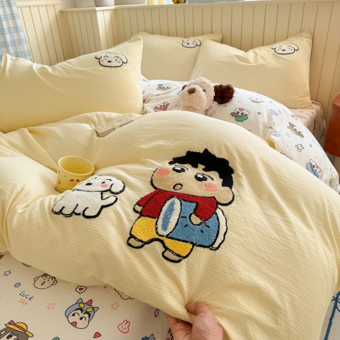 91家纺网 家纺一手货源 找家纺 艾特你 2026新款针织提花双层纱可爱毛巾绣四件套 欢乐伙伴-黄