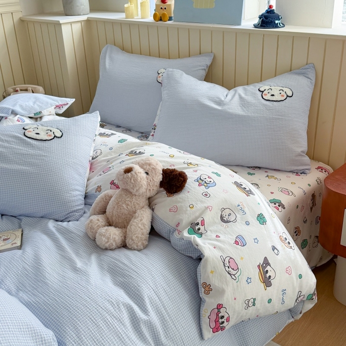 91家纺网 家纺一手货源 找家纺 艾特你 2026新款针织提花双层纱可爱毛巾绣四件套 欢乐伙伴-蓝