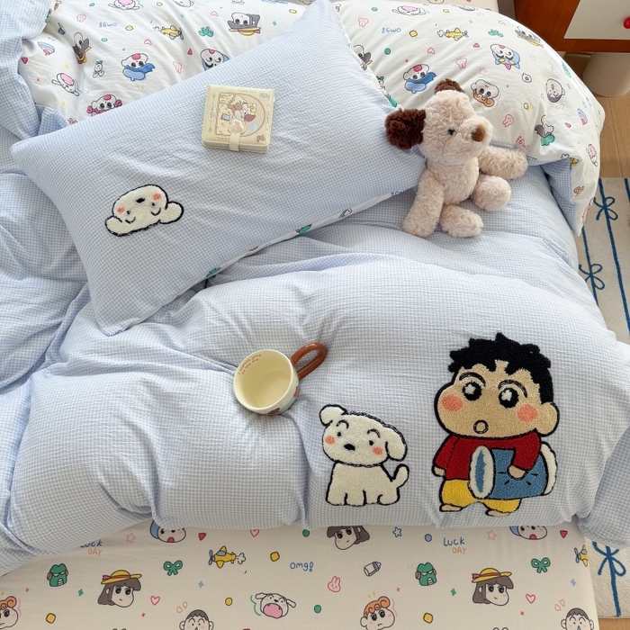 91家纺网 家纺一手货源 找家纺 艾特你 2026新款针织提花双层纱可爱毛巾绣四件套 欢乐伙伴-蓝