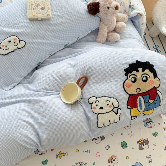 91家纺网 家纺一手货源 找家纺 艾特你 2026新款针织提花双层纱可爱毛巾绣四件套 欢乐伙伴-蓝