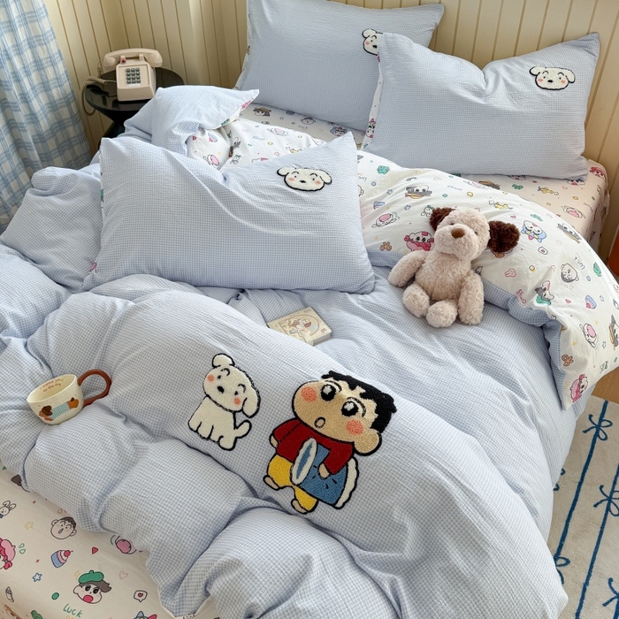 91家纺网 家纺一手货源 找家纺 艾特你 2026新款针织提花双层纱可爱毛巾绣四件套 欢乐伙伴-蓝