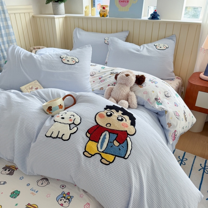 91家纺网 家纺一手货源 找家纺 艾特你 2026新款针织提花双层纱可爱毛巾绣四件套 欢乐伙伴-蓝