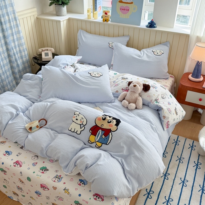 91家纺网 家纺一手货源 找家纺 艾特你 2026新款针织提花双层纱可爱毛巾绣四件套 欢乐伙伴-蓝