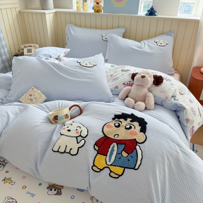 91家纺网 家纺一手货源 找家纺 艾特你 2026新款针织提花双层纱可爱毛巾绣四件套 欢乐伙伴-蓝