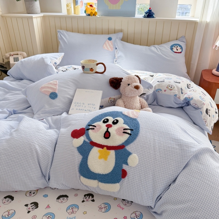 91家纺网 家纺一手货源 找家纺 艾特你 2026新款针织提花双层纱可爱毛巾绣四件套 可爱叮叮