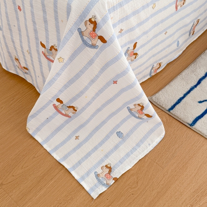 91家纺网 家纺一手货源 找家纺 艾特你 2026新款针织提花双层纱可爱毛巾绣四件套 木马