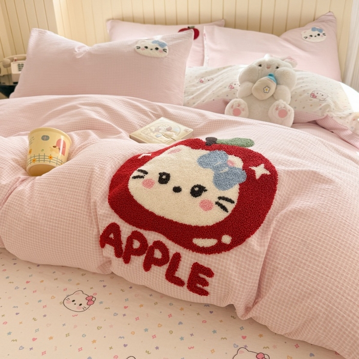 91家纺网 家纺一手货源 找家纺 艾特你 2026新款针织提花双层纱可爱毛巾绣四件套 糖果猫咪