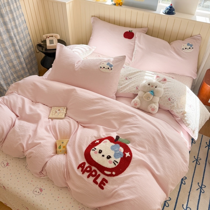 91家纺网 家纺一手货源 找家纺 艾特你 2026新款针织提花双层纱可爱毛巾绣四件套 糖果猫咪