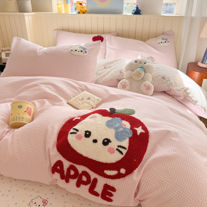 91家纺网 家纺一手货源 找家纺 艾特你 2026新款针织提花双层纱可爱毛巾绣四件套 糖果猫咪