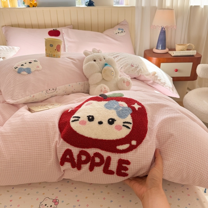 91家纺网 家纺一手货源 找家纺 艾特你 2026新款针织提花双层纱可爱毛巾绣四件套 糖果猫咪