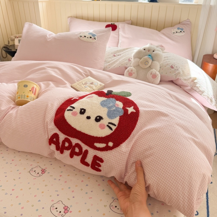 91家纺网 家纺一手货源 找家纺 艾特你 2026新款针织提花双层纱可爱毛巾绣四件套 糖果猫咪