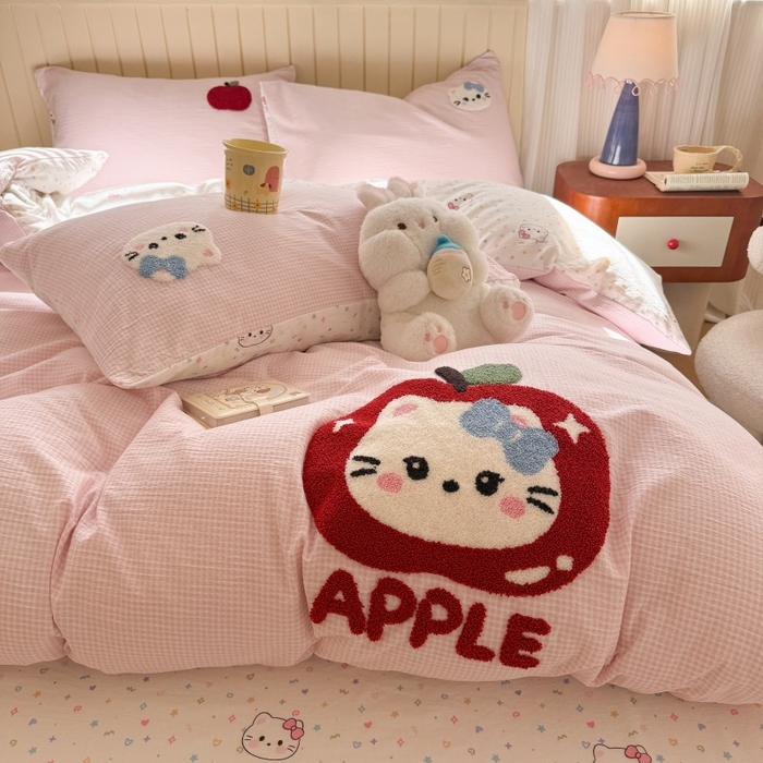 91家纺网 家纺一手货源 找家纺 艾特你 2026新款针织提花双层纱可爱毛巾绣四件套 糖果猫咪