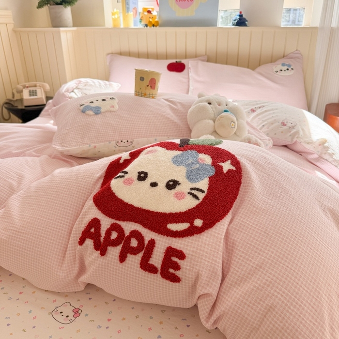 91家纺网 家纺一手货源 找家纺 艾特你 2026新款针织提花双层纱可爱毛巾绣四件套 糖果猫咪