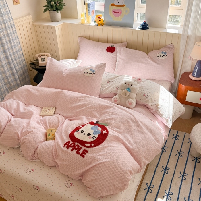 91家纺网 家纺一手货源 找家纺 艾特你 2026新款针织提花双层纱可爱毛巾绣四件套 糖果猫咪