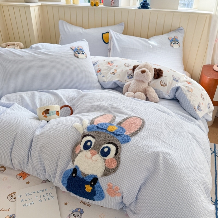 91家纺网 家纺一手货源 找家纺 艾特你 2026新款针织提花双层纱可爱毛巾绣四件套 兔八哥