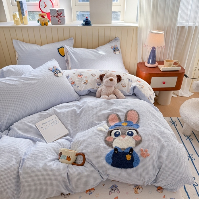 91家纺网 家纺一手货源 找家纺 艾特你 2026新款针织提花双层纱可爱毛巾绣四件套 兔八哥