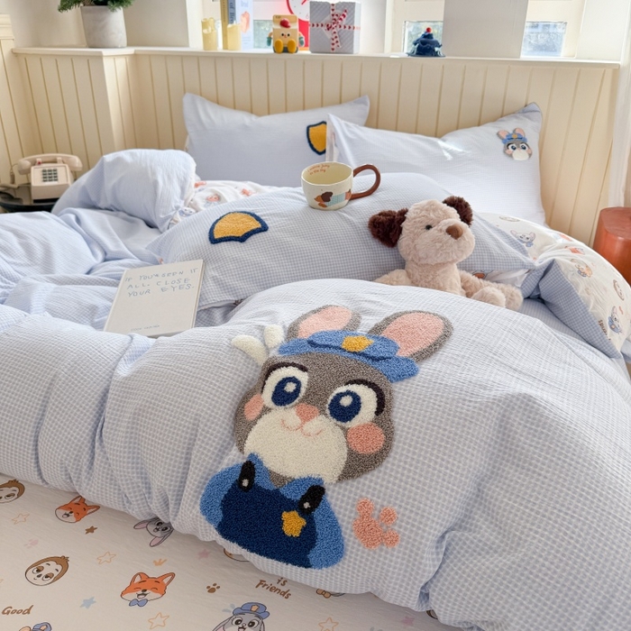 91家纺网 家纺一手货源 找家纺 艾特你 2026新款针织提花双层纱可爱毛巾绣四件套 兔八哥