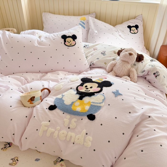 91家纺网 家纺一手货源 找家纺 艾特你 2026新款针织提花双层纱可爱毛巾绣四件套 幸运奇奇