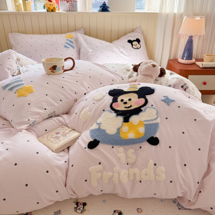 91家纺网 家纺一手货源 找家纺 艾特你 2026新款针织提花双层纱可爱毛巾绣四件套 幸运奇奇